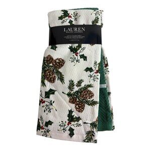 Ralph Lauren Set of 3 Kitchen Dish Towels Pinecone/Green Floral 17" x 28" NEW